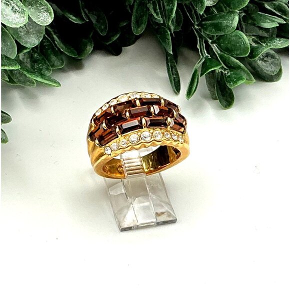 Vintage Style Gold-Tone Band Ring With Brown & Clear Rhinestones - Picture 6 of 8